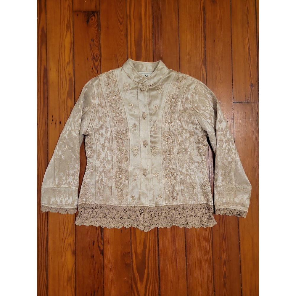 Flashback Vintage Boho Womens M Embroidered Beaded Jacket Crochet Floral Sequins
